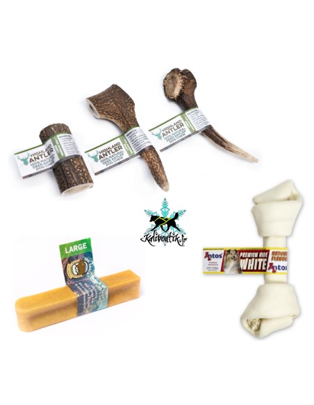 Pack de mastication pour chien composé d'un bois de cerf, d'un os à mâcher et d'un fromage de yak.