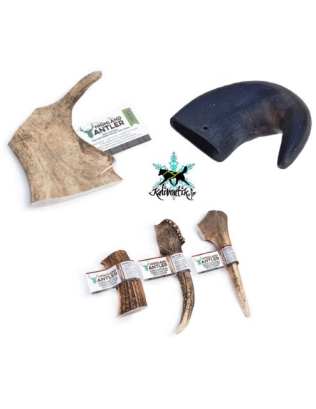 Pack de mastication pour chien composé d'un bois daim, d'un bois de cerf et d'une corne de buffle.