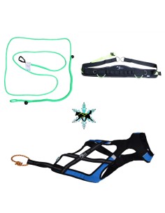 kit canicross 1 chien composé d'un harnais, une ceinture canicross et une ligne de trait verte 1 chien.