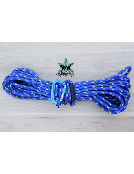Longe pour chien de 10 ou 15m Kaliboutik bleu avec motifs jaune vue enroulée