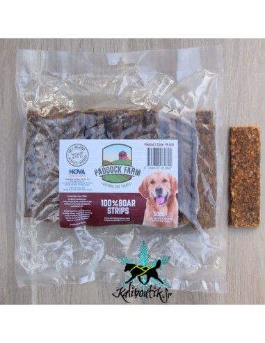 sachet de 500g de lamelles 100% Sanglier avec une lamelle en dehors du sachet