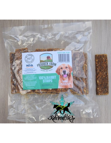 sachet de 500g de lamelles 100% Lapin avec une lamelle en dehors du sachet