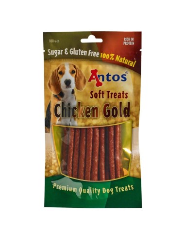 Bâtonnets de filet et de foie de poulet 100% naturels. vue avant du sachet.