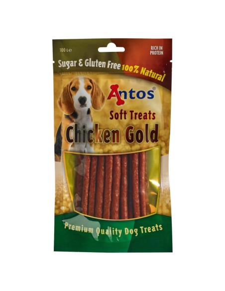 Bâtonnets de filet et de foie de poulet 100% naturels. vue avant du sachet.