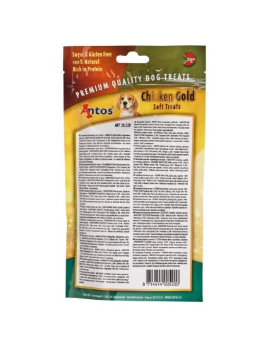 Bâtonnets de filet et de foie de poulet 100% naturels. vue arrière du sachet.