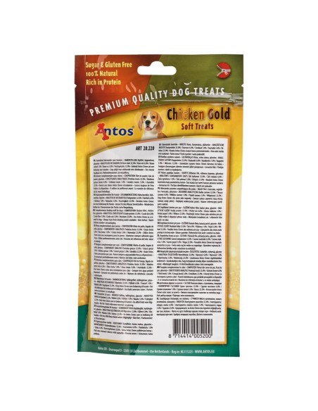 Bâtonnets de filet et de foie de poulet 100% naturels. vue arrière du sachet.
