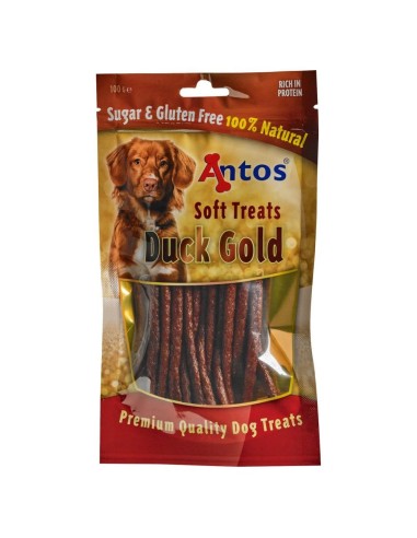 Bâtonnets de filet et de foie de canard 100% naturels. ANTOS CHICKEN GOLD 100 GR vue avant du sachet