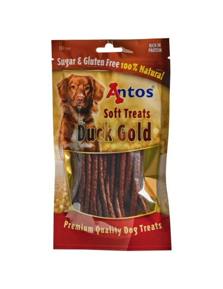 Bâtonnets de filet et de foie de canard 100% naturels. ANTOS CHICKEN GOLD 100 GR vue avant du sachet