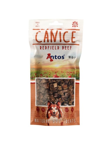 Morceaux de boeuf 100% naturels. ANTOS CANICE BEEF 80 GR vue de face du sachet.