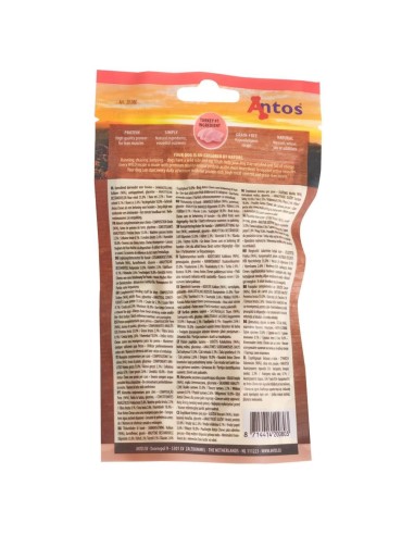 Snacks au Saumon 80 GR. Antos Wild Salmon 80gr. Vue arrière du sachet.