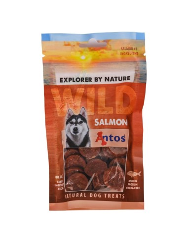 Snacks au Saumon 80 GR. Antos Wild Salmon 80gr. Vue de face du sachet.