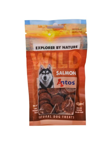 Snacks au Saumon 80 GR. Antos Wild Salmon 80gr. Vue de face du sachet.
