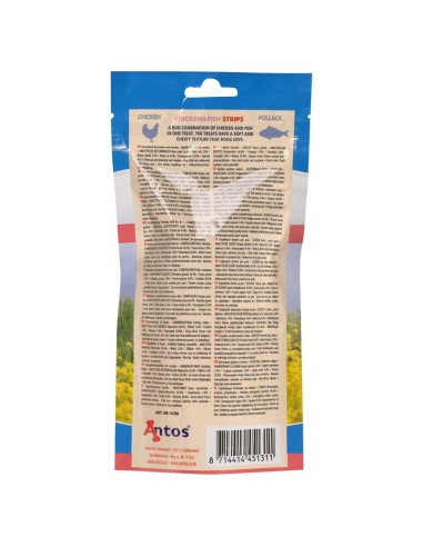 Friandises Lamelles de poulet et poisson 100 gr vue de derrière. Antos CHICKEN&FISH STRIPS