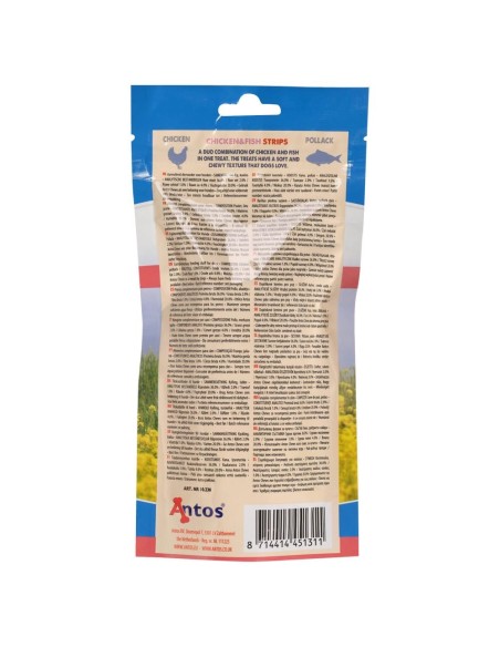 Friandises Lamelles de poulet et poisson 100 gr vue de derrière. Antos CHICKEN&FISH STRIPS