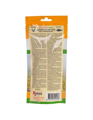 Friandises Lamelles de poulet et poisson 100 gr. Antos CHICKEN&FISH TWISTS 100 GR. Vue derrière du paquant.