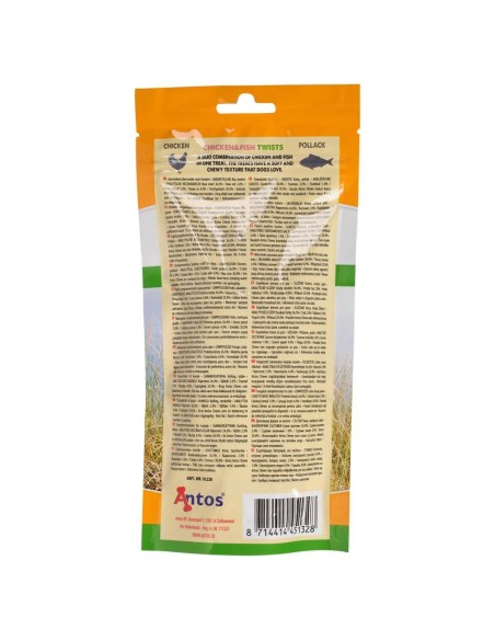 Friandises Lamelles de poulet et poisson 100 gr. Antos CHICKEN&FISH TWISTS 100 GR. Vue derrière du paquant.