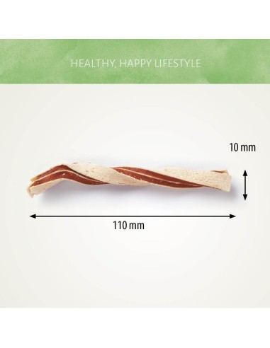 Friandises Lamelles de poulet et poisson 100 gr dimensions. Antos CHICKEN&FISH TWISTS 100 GR.