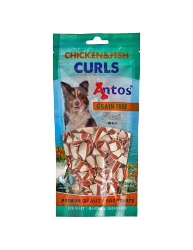Friandises morceaux duo de poulet et poisson 100 gr. Antos CHICKEN&FISH CURLS 100 GR. Vue de devant du paquant.