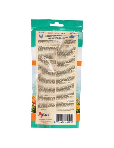 Friandises morceaux duo de poulet et poisson 100 gr. Antos CHICKEN&FISH CURLS 100 GR. Vue de l'arrière du paquet