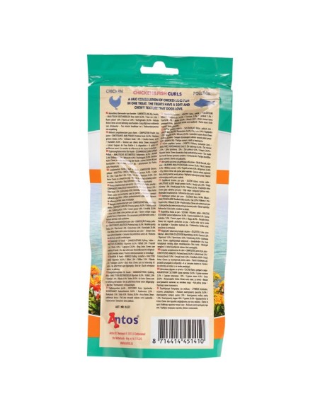 Friandises morceaux duo de poulet et poisson 100 gr. Antos CHICKEN&FISH CURLS 100 GR. Vue de l'arrière du paquet